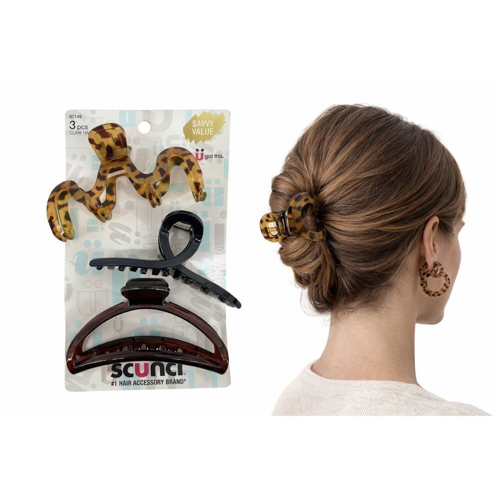 Scunci 3 Pc Claw Hair Clip Set Tortoiseshell Black Brown Large Clips NWT